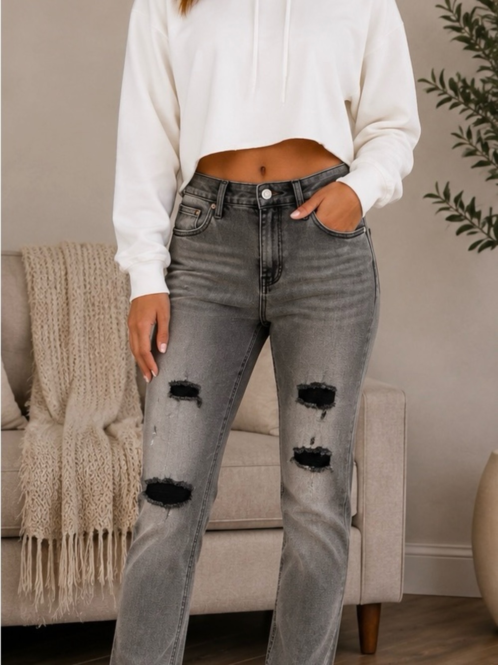 Mid-Rise Distressed Gray Straight-Leg Jeans